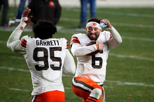 Baker Mayfield and Myles Garrett celebrate